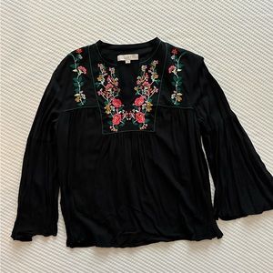 Loft Womens Top Black with Floral Embroidered V Neck Bell Sleeve Size L